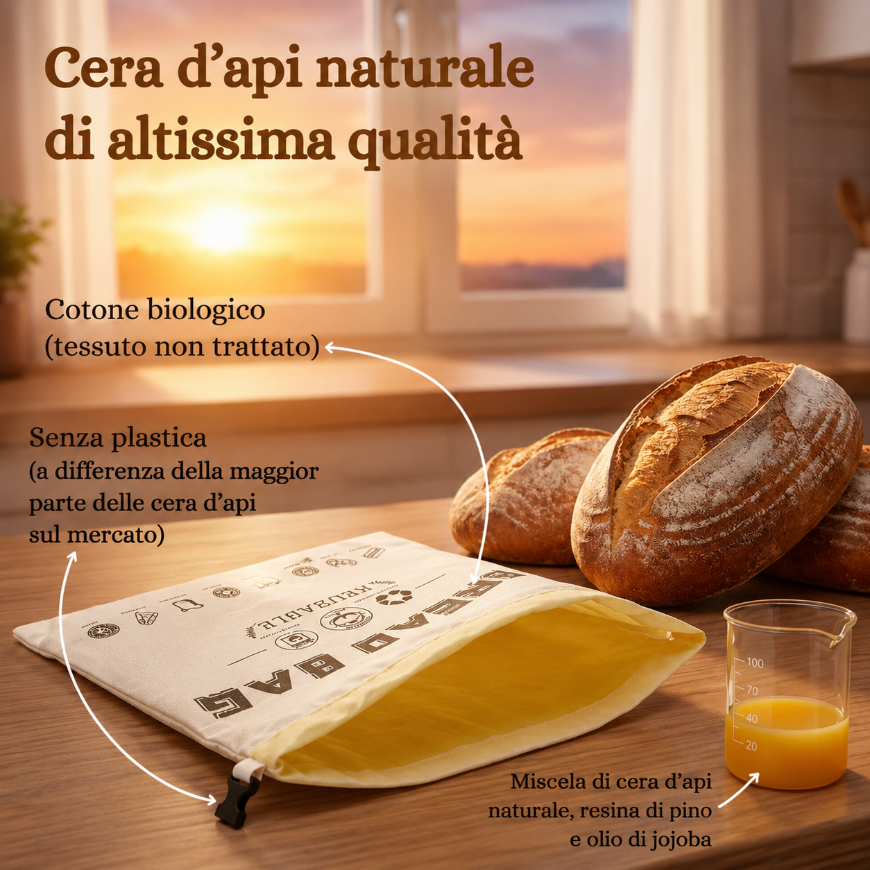 Sacchetto Pane Premium 100% Cotone e Cera d'Api